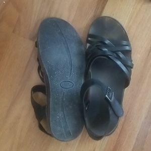 Womans black leather chacos